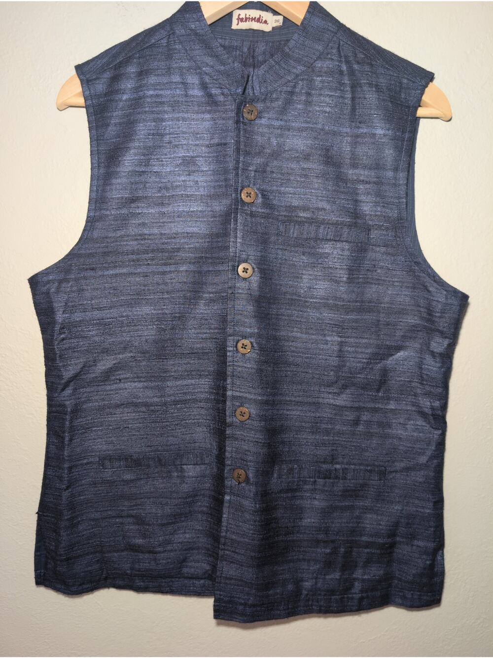 Fabindia Nehru Vest Mens Medium Blue Textured Silk Fully Lined India Wedding